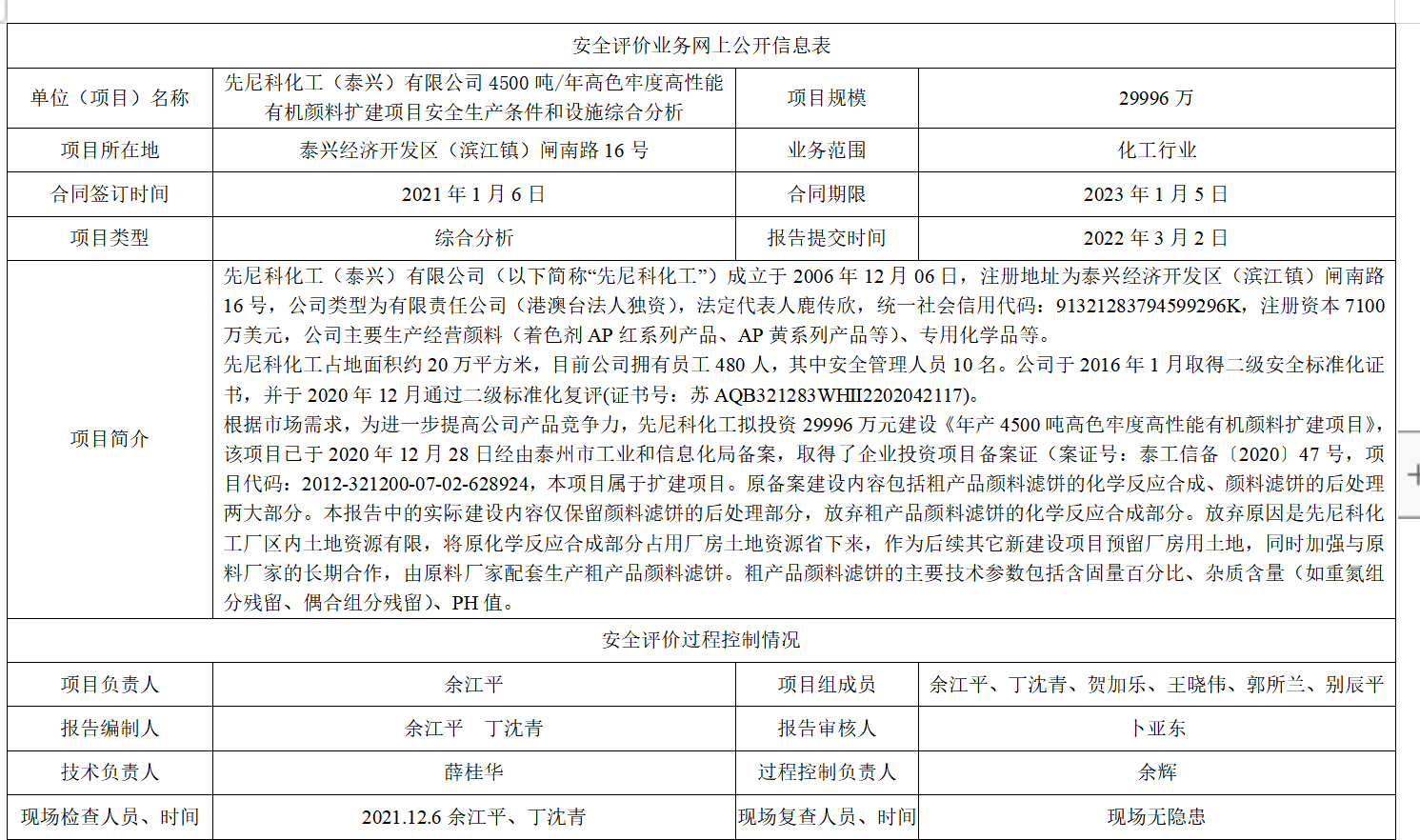 先尼科化工（泰兴）有限公司4500吨/年高色牢度高性能有机颜料扩建项目安全生产条件和设施综合分析