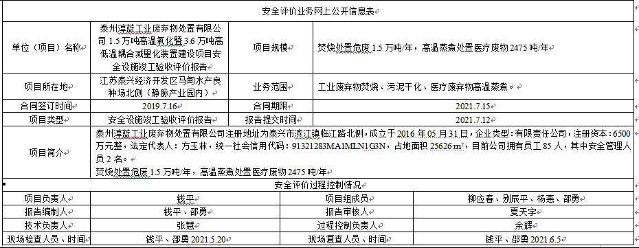 泰州淳蓝工业废弃物处置有限公司1.5万吨高温氧化暨3.6万吨高低温耦合减量化装置建设项目安全设施竣工验收评价报告