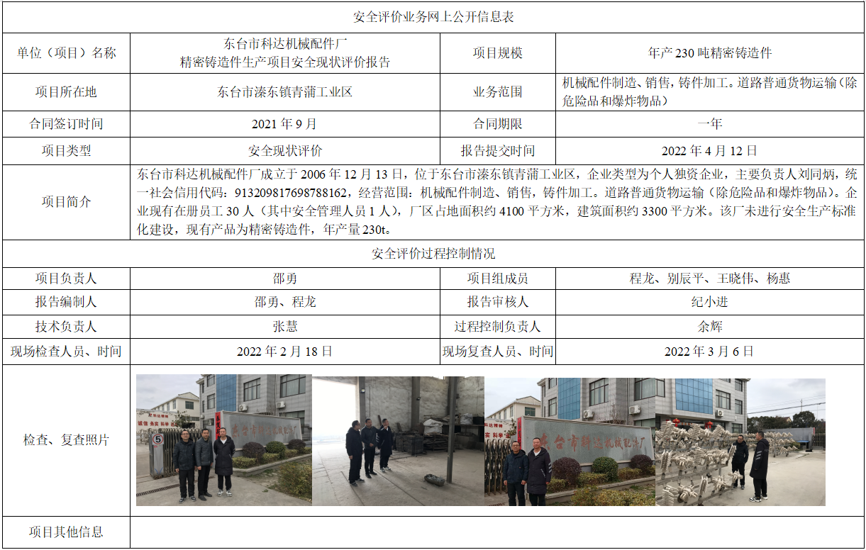 东台市科达机械配件厂精密铸造件生产项目安全现状评价报告