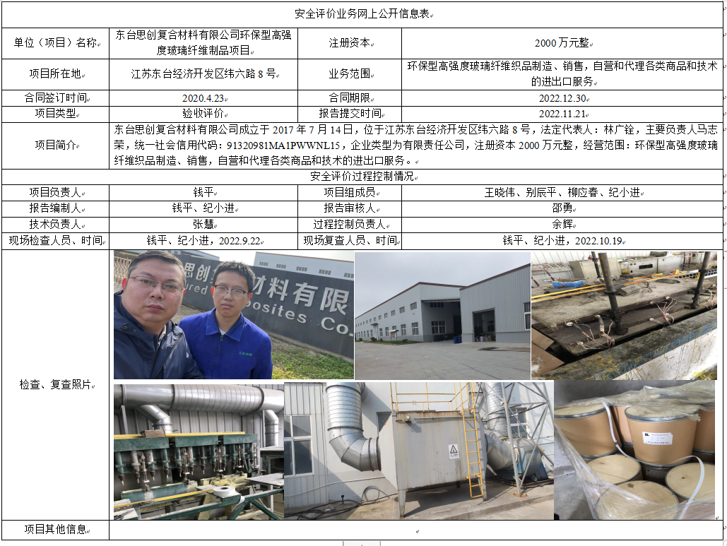 东台思创复合材料有限公司环保型高强度玻璃纤维制品项目验收报告