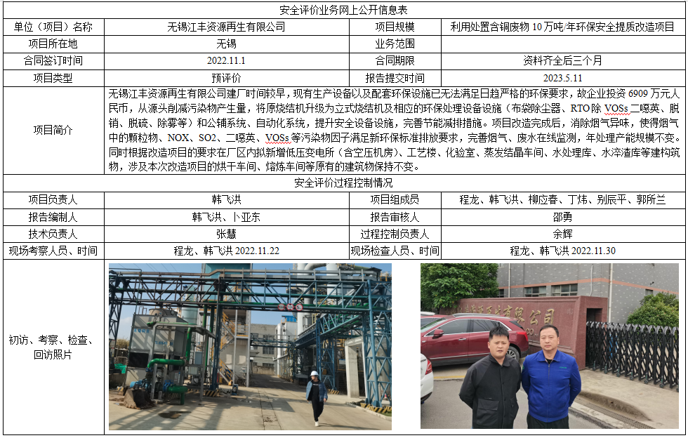 无锡江丰资源再生有限公司利用处置含铜废物10万吨/年环保安全提质改造项目