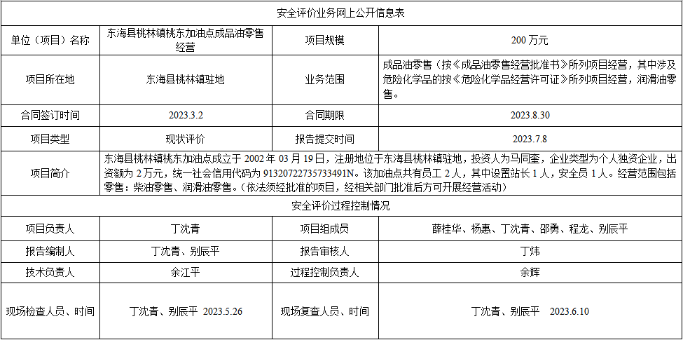 东海县桃林镇桃东加油点成品油经营项目安全评价报告