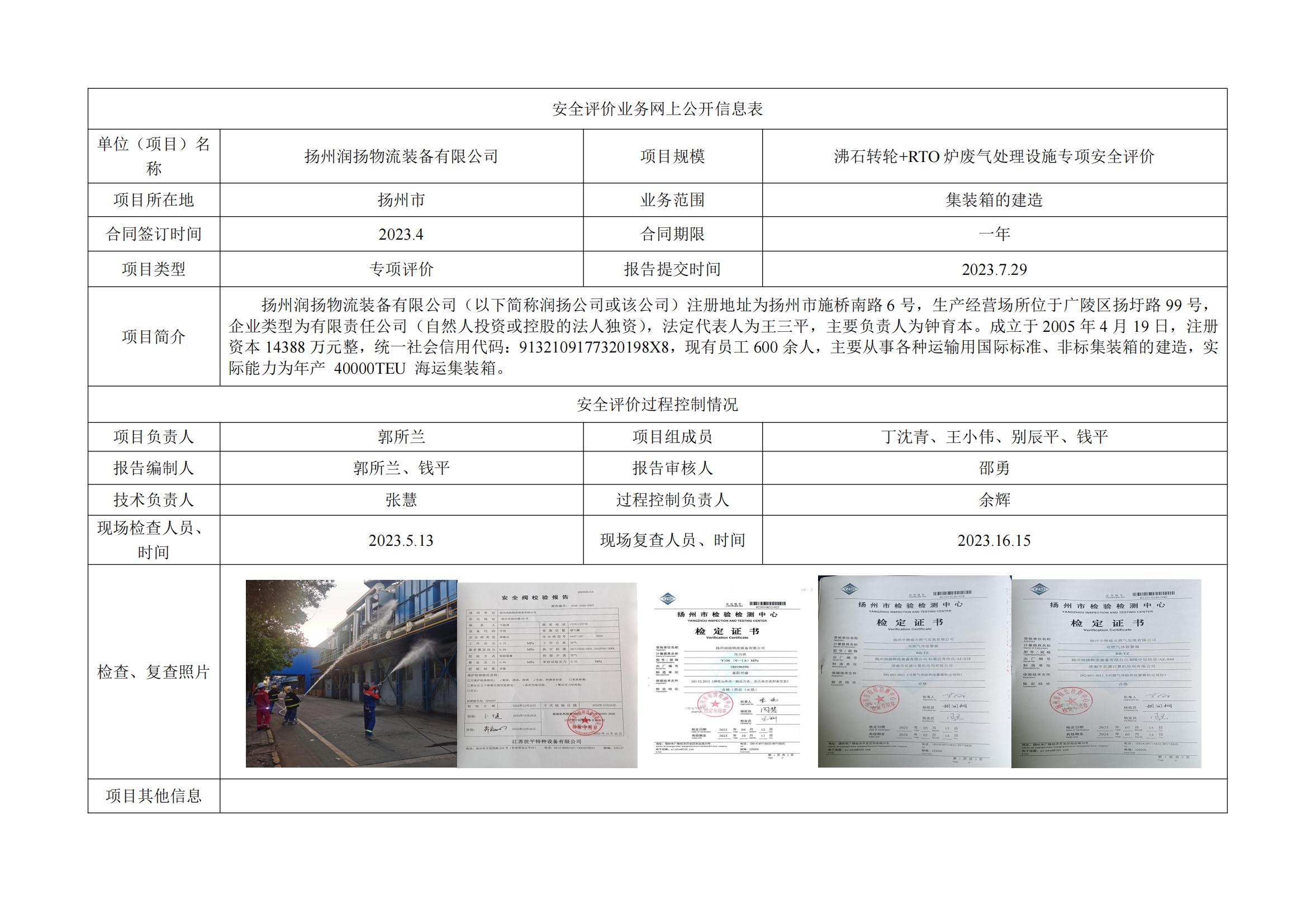 扬州润扬物流装备有限公司沸石转轮+RTO炉废气处理设施专项安全评价报告