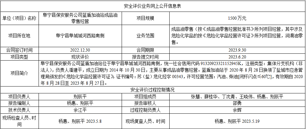 阜宁县保安服务公司蓝盾加油站成品油零售经营安全评价报告