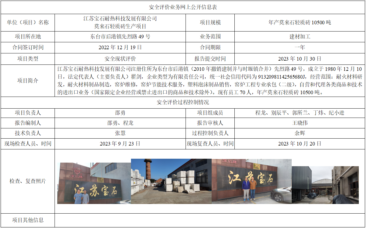 江苏宝石耐热科技发展有限公司莫来石轻质砖生产项目安全现状评价报告