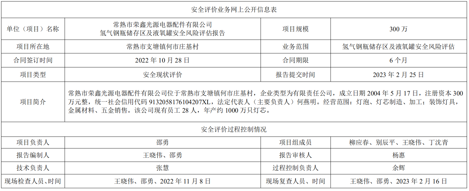常熟市荣鑫光源电器配件有限公司氢气钢瓶储存区及液氧罐安全风险评估报告