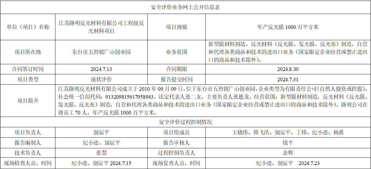 江苏路明反光材料有限公司工程级反光材料项目安全现状评价报告