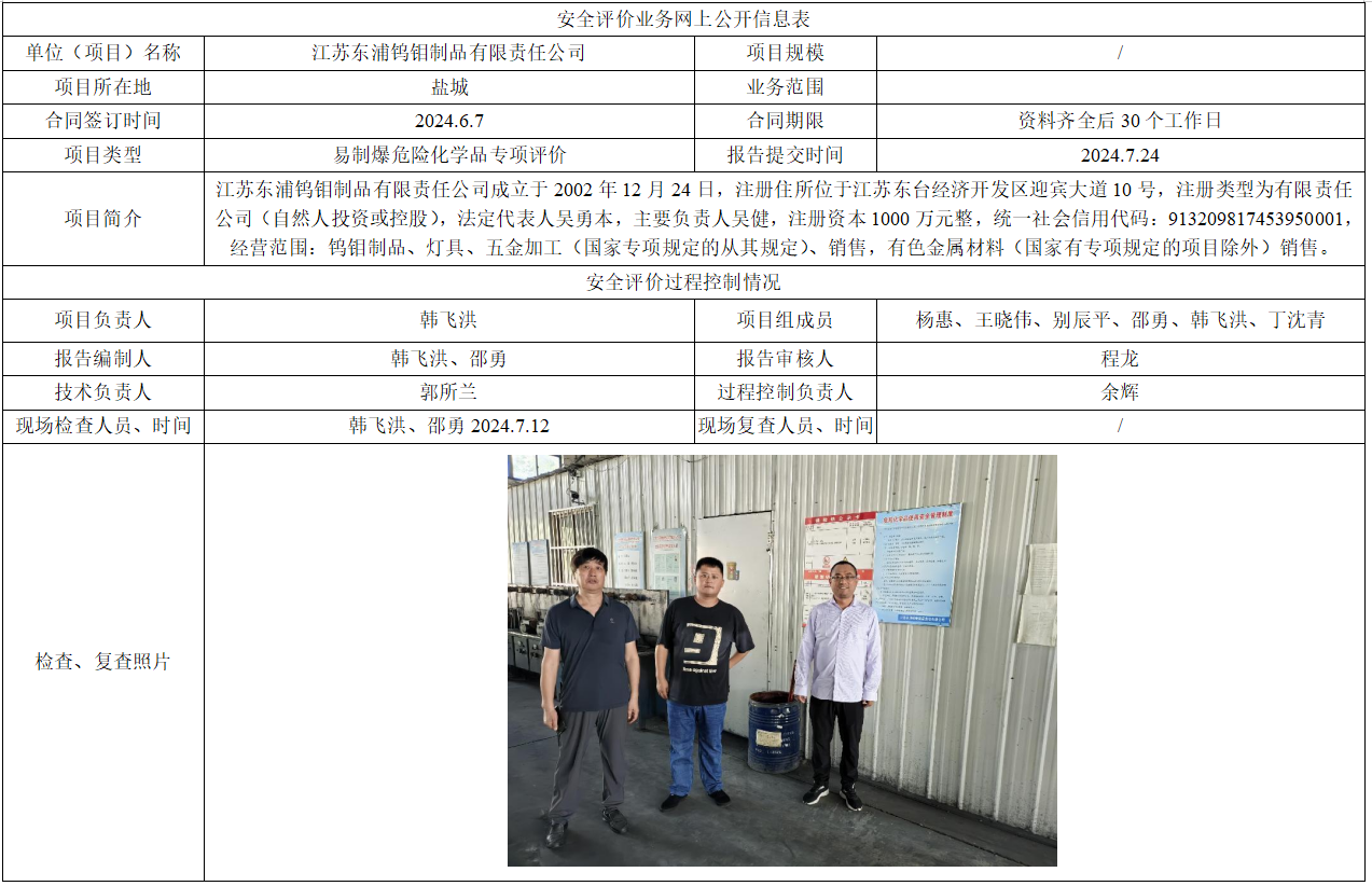 江苏东浦钨钼制品有限责任公司易制爆危险化学品专项评价