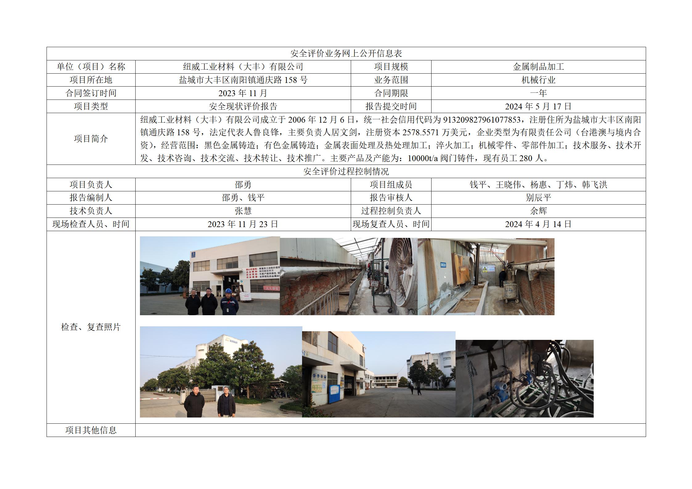 纽威工业材料（大丰）有限公司阀门铸件生产项目安全现状评价报告