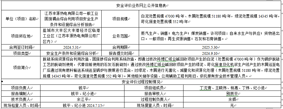 江苏丰源热电有限公司一般工业固废耦合综合利用项目安全生产条件和设施综合分析报告