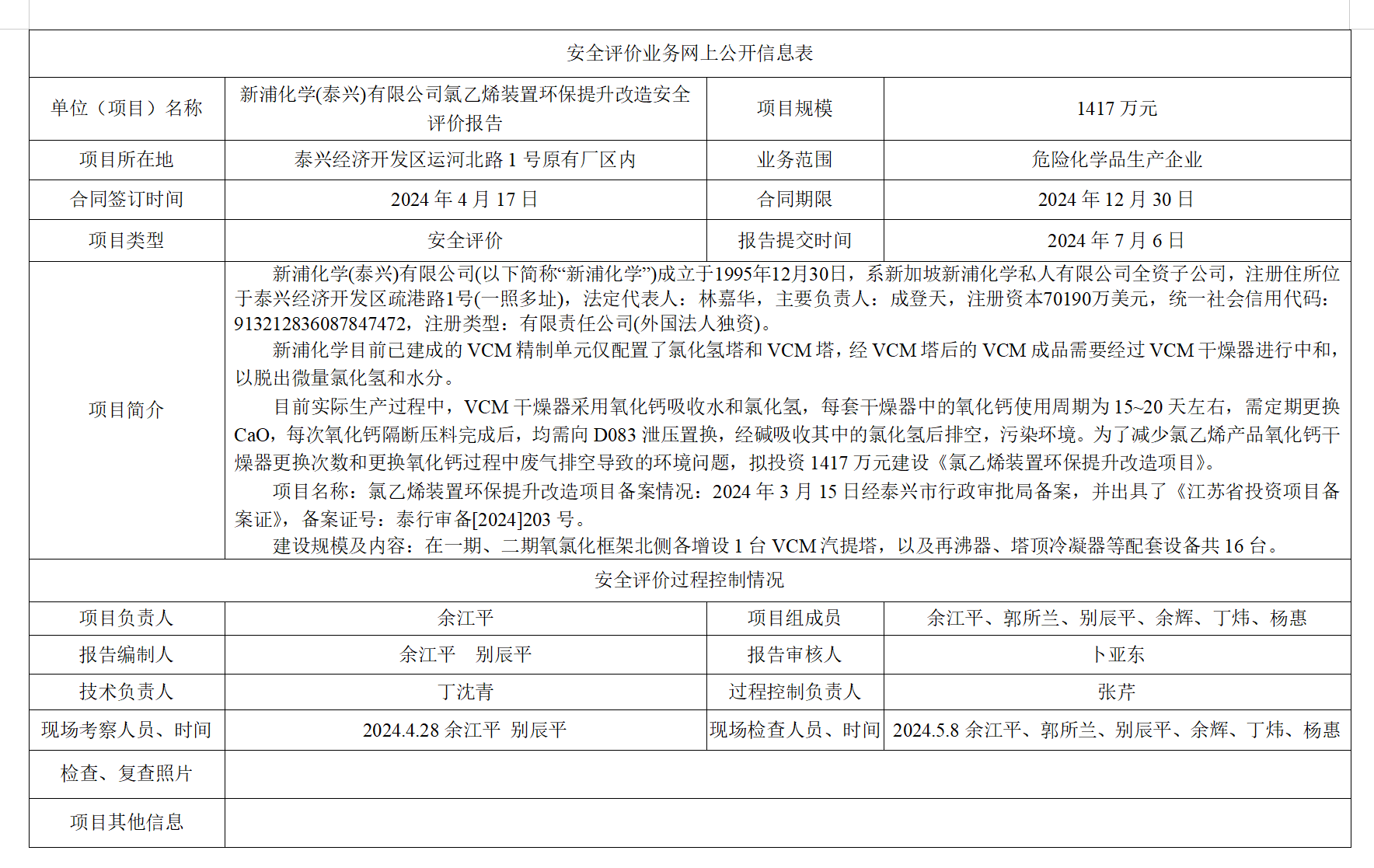 新浦化学(泰兴)有限公司氯乙烯装置环保提升改造安全评价报告