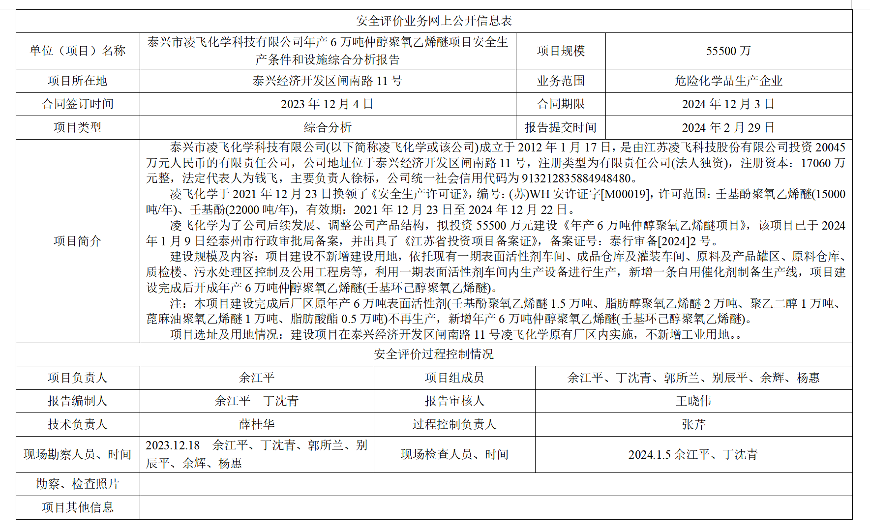 泰兴市凌飞化学科技有限公司年产6万吨仲醇聚氧乙烯醚项目安全生产条件和设施综合分析报告