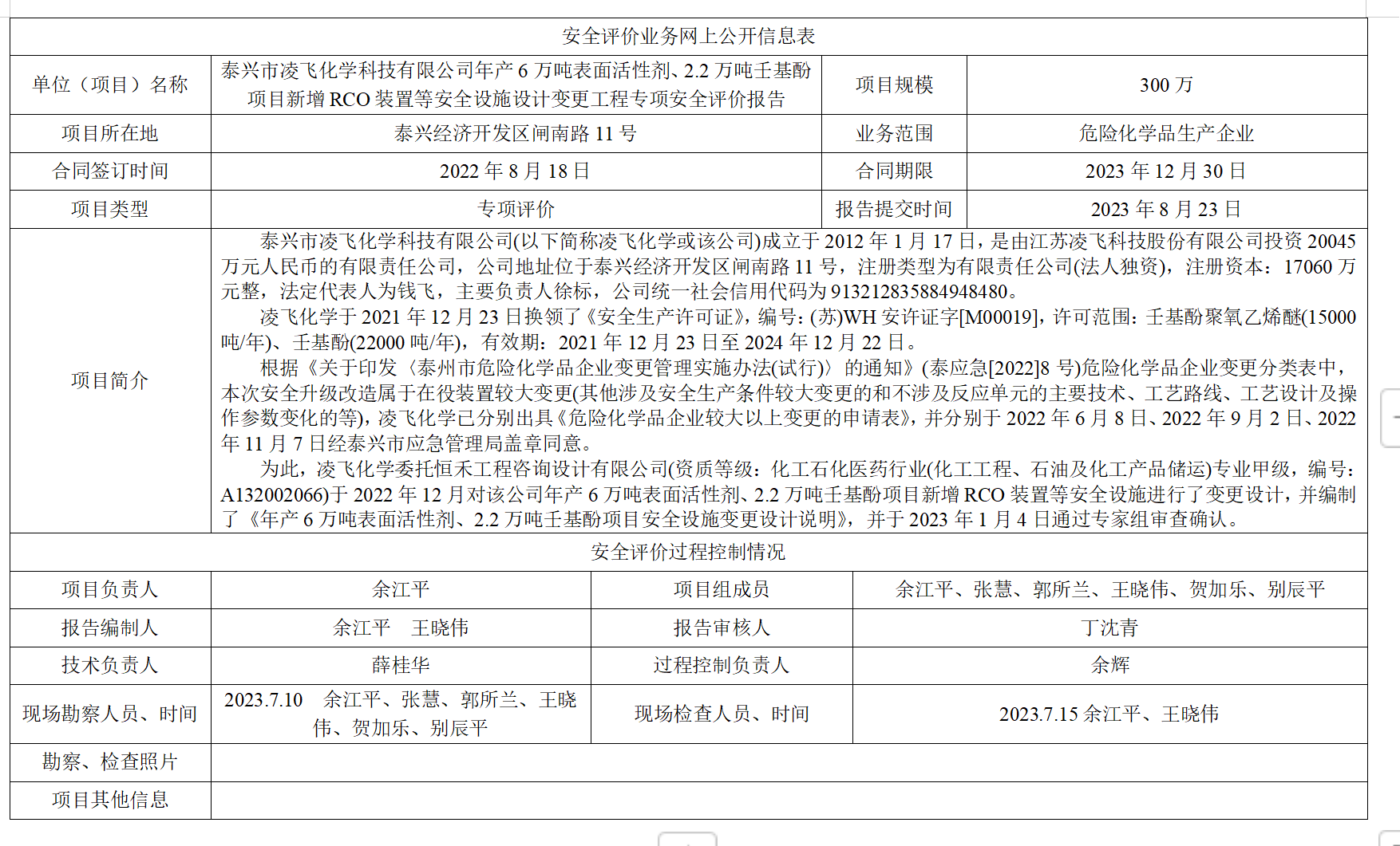 泰兴市凌飞化学科技有限公司年产6万吨表面活性剂、2.2万吨壬基酚项目新增RCO装置等安全设施设计变更工程专项安全评价报告