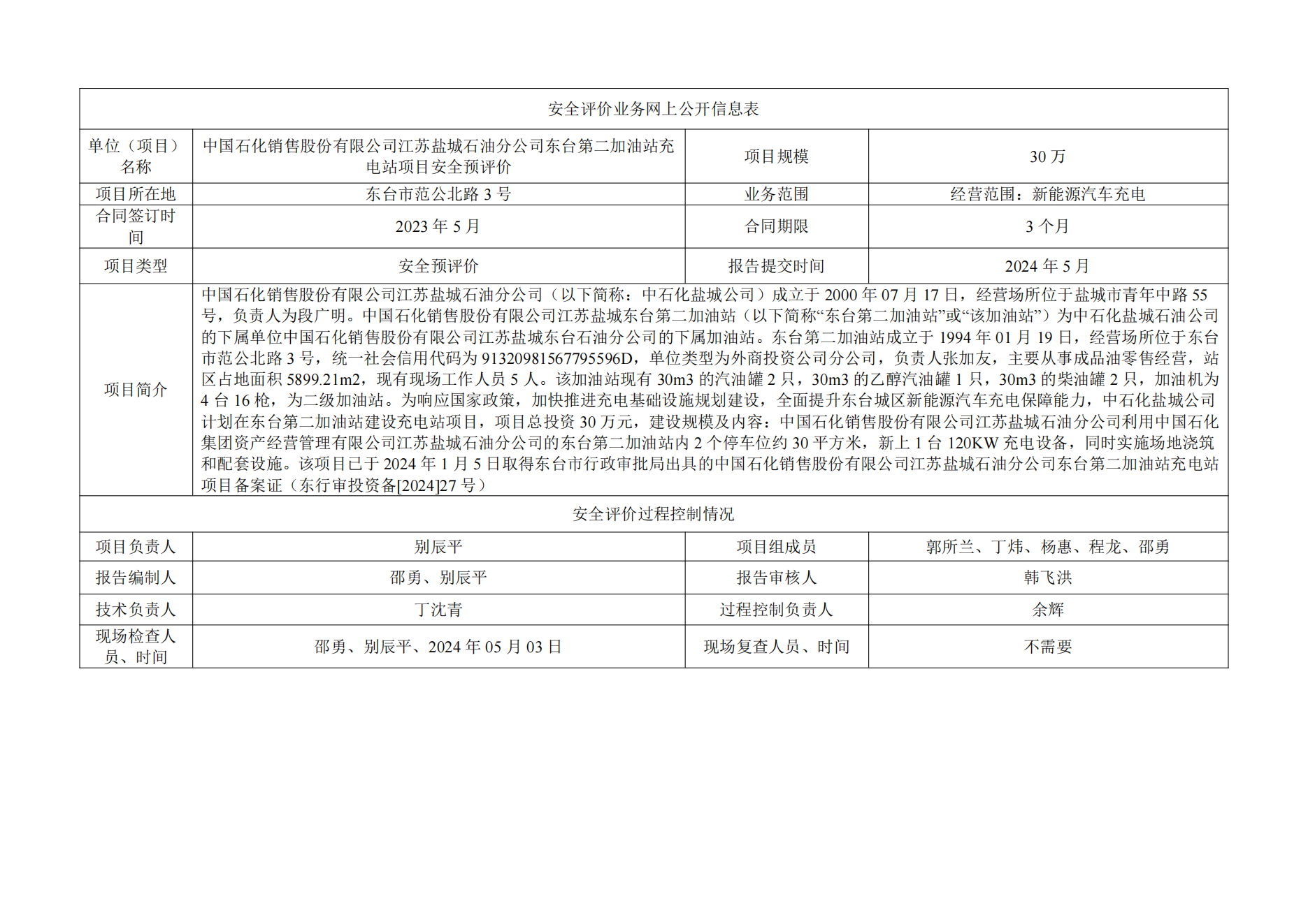 中石化江苏盐城石油分公司东台第二加油站充电站项目安全预评价