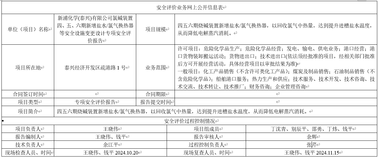 新浦化学(泰兴)有限公司氯碱装置四、五、六期新增盐水/氯气换热器等安全设施变更设计专项安全评价报告